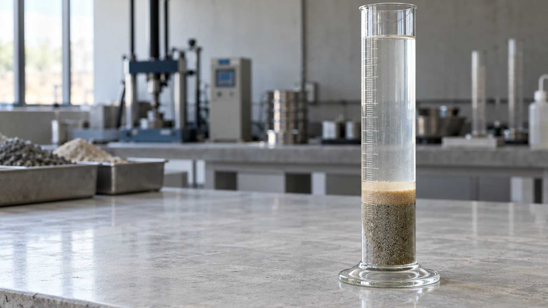 Graduated cylinder containing water and settled sand, showing a silt content test for construction sand.