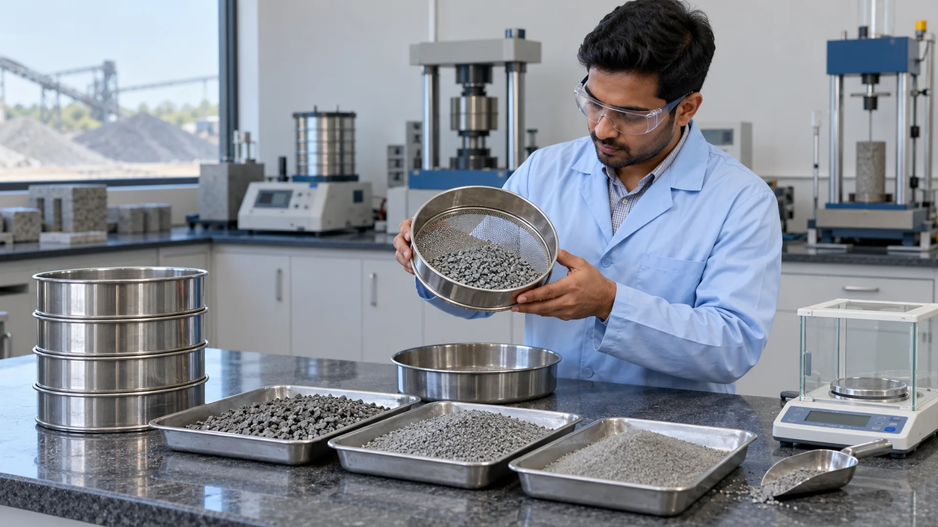 Laboratory technician testing aggregate particle sizes using a sieve, with graded samples and a weighing scale nearby.