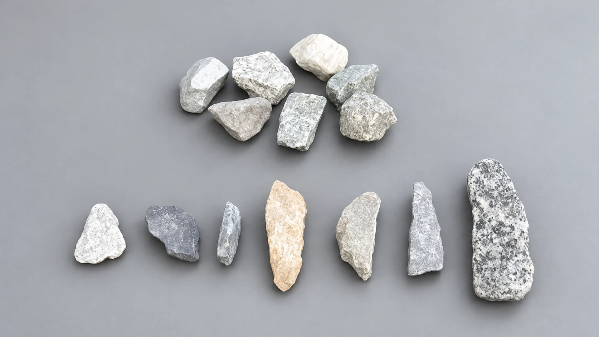 Different shapes and sizes of crushed stone aggregates showing variations in particle shape for concrete. 