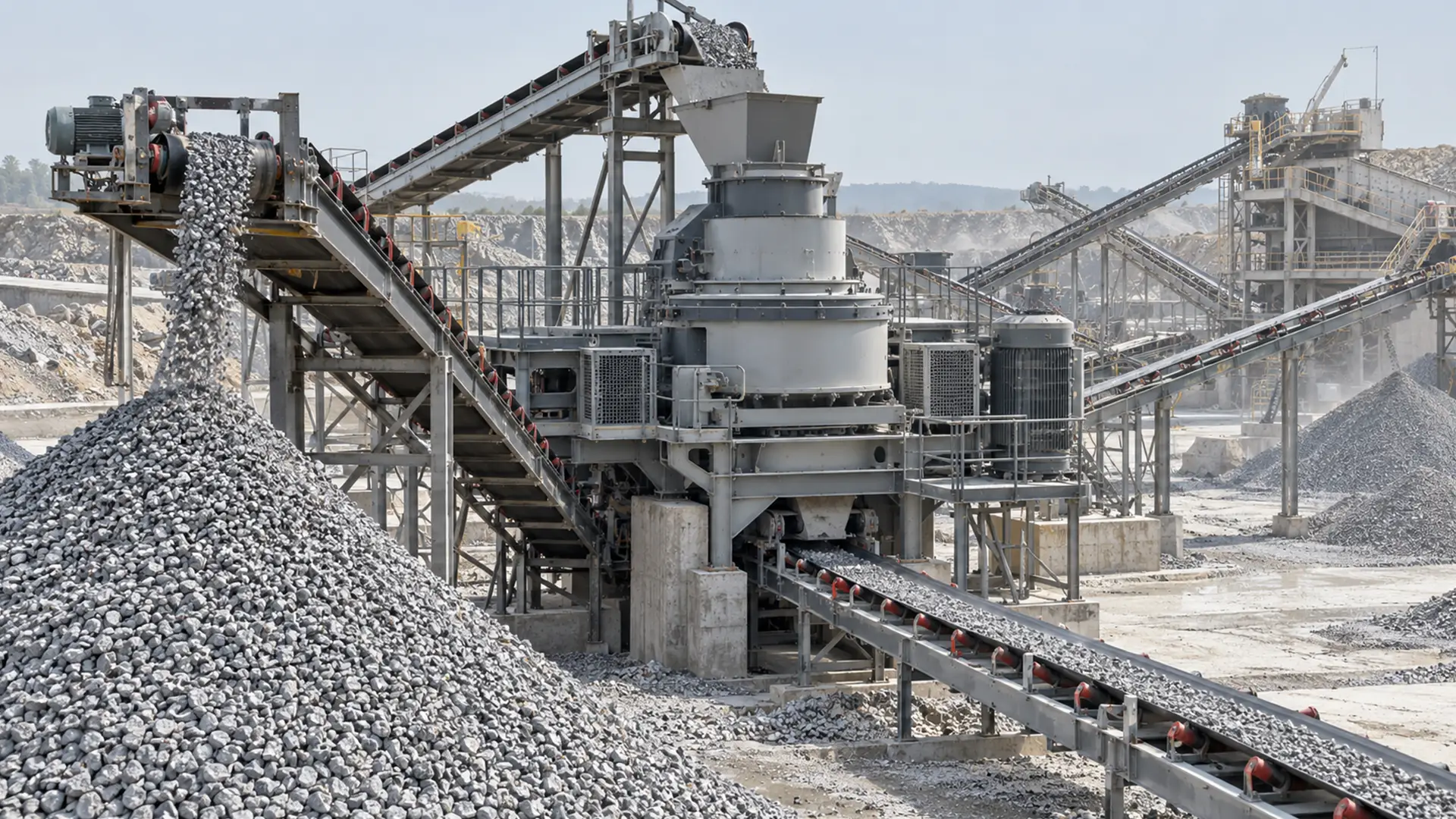 Industrial stone crushing plant with conveyor belts producing crushed aggregates for concrete.